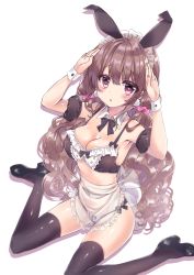Rule 34 | 1girl, :o, animal ears, apron, arms up, bad id, bad pixiv id, bare shoulders, bikini, black bikini, black bow, black footwear, black sleeves, blush, bow, bow bra, bra, breasts, brown hair, brown thighhighs, cleavage, collar, collarbone, commentary request, curly hair, detached collar, detached sleeves, frilled apron, frills, hair between eyes, high heels, highres, honoka chiffon, long hair, looking at viewer, low twintails, maid, maid bikini, maid headdress, medium breasts, original, parted lips, puffy short sleeves, puffy sleeves, rabbit ears, rabbit pose, red eyes, see-through, shoes, short sleeves, side-tie bikini bottom, sitting, solo, swimsuit, thighhighs, twintails, unconventional maid, underwear, very long hair, waist apron, wariza, white apron, white background, white collar, wrist cuffs