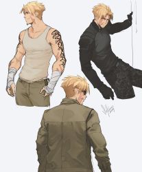 Rule 34 | 1boy, absurdres, alternate costume, arm tattoo, back, bandaged hand, bandages, bare shoulders, beowulf (fate), black shirt, blonde hair, camouflage, camouflage pants, casual, cropped legs, facial hair, fate/grand order, fate (series), from behind, goatee, green jacket, green pants, grey tank top, highres, jacket, leaning to the side, male focus, mature male, pants, pectoral cleavage, pectorals, red eyes, scar, scar across eye, scar on face, shirt, short hair, smile, solkorra, stubble, sunglasses, tank top, tattoo, toned, toned male