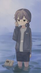 Rule 34 | 1girl, absurdres, arm at side, black skirt, blue sky, brown eyes, closed mouth, commentary, corded phone, grey hair, grey jacket, hand up, highres, holding, holding phone, horizon, jacket, kijio tsugu, lanyard, light smile, long sleeves, looking at viewer, low ponytail, mimizu ningen, mole, mole under eye, ocean, open clothes, open jacket, outdoors, pencil skirt, phone, shirt, short ponytail, skirt, sky, solo, symbol-only commentary, talking on phone, tsugu (vtuber), virtual youtuber, wading, water