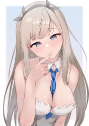 Rule 34 | 1girl, between breasts, blonde hair, blue eyes, blue necktie, blush, breasts, cleavage, closed mouth, collared shirt, highres, kantai collection, large breasts, long hair, maryland (kancolle), necktie, necktie between breasts, sakieko, shirt, sleeveless, sleeveless shirt, smile, solo, upper body, white shirt