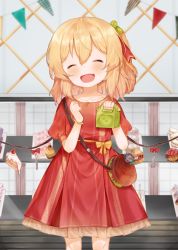 Rule 34 | 1girl, ^ ^, absurdres, bad id, bad pixiv id, bag, blonde hair, blue flower, bow, cake, closed eyes, cupcake, dress, closed eyes, fang, flandre scarlet, flower, food, fork, fruit, hair ribbon, head tilt, highres, holding, holding bag, knife, open mouth, puffy short sleeves, puffy sleeves, red bow, red dress, red ribbon, ribbon, short sleeves, shoulder bag, smile, solo, strawberry, touhou, useq1067, wings