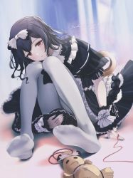 Rule 34 | 1girl, absurdres, black dress, black hair, blurry, blurry background, blush, bow, closed mouth, covering privates, covering crotch, dot nose, dress, dutch angle, expressionless, frilled dress, frills, full body, gothic lolita, grey nails, hair between eyes, hair bow, highres, idolmaster, idolmaster shiny colors, lolita fashion, long hair, looking at viewer, morino rinze, nail polish, no shoes, on floor, pantyhose, pleated dress, red eyes, red ribbon, ribbon, ringlets, short sleeves, sienekko, signature, sitting, soles, solo, toes, voodoo doll, white bow, white pantyhose, white ribbon, wrist cuffs