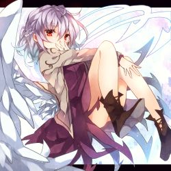 Rule 34 | 1girl, asada sadao, bad id, bad twitter id, boots, border, braid, convenient leg, dress, french braid, full body, gradient background, hair between eyes, hand on own face, kishin sagume, legs, long sleeves, looking at viewer, purple dress, red eyes, silver hair, single wing, solo, touhou, vest, wings