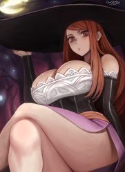 Rule 34 | 1girl, absurdres, bare shoulders, bikini, breasts, brown eyes, brown hair, bursting breasts, carcass (artist), cleavage, closed mouth, cloud, crossed legs, curvy, detached sleeves, dragon&#039;s crown, dress, feet out of frame, forest, from below, hat, highres, large breasts, legs, long hair, looking at viewer, matching hair/eyes, miniskirt, mole, mole on breast, moon, nature, night, night sky, orange hair, plump, side slit, sitting, skirt, sky, solo, sorceress (dragon&#039;s crown), spirit, strapless, strapless dress, swept bangs, swimsuit, thick thighs, thighs, tree, wide hips, witch, witch hat