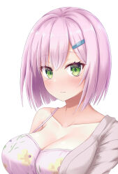Rule 34 | 1girl, blush, bob cut, bra, breasts, cleavage, close-up, closed mouth, collarbone, commentary, eyelashes, eyes visible through hair, floral print, green eyes, hair between eyes, hair ornament, hairclip, highres, large breasts, looking at viewer, nose blush, off shoulder, pink bra, pink hair, short hair, simple background, smile, solo, straight hair, tanikaze amane, tenshi souzou re-boot!, underwear, white background, yuunagi (yunagi1373)