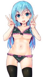Rule 34 | 10s, 1girl, :p, aqua eyes, aqua hair, black bra, black panties, black thighhighs, bra, breasts, double v, frilled bra, frilled panties, frills, hair ornament, hairclip, kantai collection, looking at viewer, nanasuke, navel, panties, simple background, solo, standing, strap lift, suzuya (kancolle), thighhighs, tongue, tongue out, underboob, underwear, underwear only, v, white background