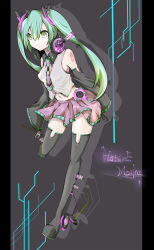 Rule 34 | 1girl, bad id, bad pixiv id, boots, character name, detached sleeves, green eyes, green hair, hatsune miku, headphones, headphones around neck, highres, long hair, matching hair/eyes, navel, necktie, shinnjugokko, skirt, sleeves past wrists, solo, thigh boots, thighhighs, twintails, vocaloid