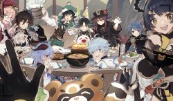 Rule 34 | 6+boys, 6+girls, ^ ^, absurdres, aether (genshin impact), aqua hair, bear, beer mug, birthday cake, black hair, black nails, blue hair, boo tao (genshin impact), bowl, braid, braided hair rings, brown hair, cake, candle, cape, chair, cheek pull, chongyun (genshin impact), chopsticks, closed eyes, closed mouth, coat, cup, drink, eating, facing viewer, fake phone screenshot, fake screenshot, fingernails, fire, flower, food, food in mouth, ganyu (genshin impact), genshin impact, ghost, gloom (expression), gloves, green eyes, grey hair, grin, guoba (genshin impact), hair between eyes, hair rings, halo, hand on another&#039;s cheek, hand on another&#039;s face, hat, hat flower, height difference, hiding, highres, holding, holding bowl, holding chopsticks, holding cup, holding spoon, hood, hood down, horns, hoshiyui tsukino, hu tao (genshin impact), indoors, leaning to the side, long hair, long sleeves, looking at viewer, mechanical halo, mug, multicolored hair, multiple boys, multiple girls, nail polish, on chair, one eye closed, open mouth, paimon (genshin impact), pink hair, pov, pov hands, purple eyes, qiqi (genshin impact), red eyes, shenhe (genshin impact), shirt, short hair, sitting, smile, spoon, standing, sweat, table, taking picture, twin braids, two-tone hair, under table, v, venti (genshin impact), vest, viewfinder, vision (genshin impact), xiangling (genshin impact), xiao (genshin impact), xingqiu (genshin impact), yanfei (genshin impact), yellow eyes, zhongli (genshin impact)