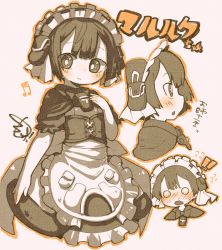 Rule 34 | !, !!, 1boy, apron, arm at side, bandam, beamed eighth notes, blush, bright pupils, capelet, character name, child, closed mouth, corset, cropped torso, embarrassed, eyes visible through hair, flying sweatdrops, frilled apron, frilled hairband, frilled skirt, frilled sleeves, frills, from side, hairband, hand on own chest, highres, japanese clothes, light smile, looking at viewer, made in abyss, male focus, maruruk, multiple views, musical note, nose blush, o o, open mouth, outline, pouch, profile, sepia, short sleeves, signature, simple background, skirt, smile, translation request, trap, waist apron, whistle, whistle around neck