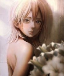 Rule 34 | 1girl, arms behind back, bad id, bad pixiv id, black eyes, blurry, depth of field, flower, highres, light, lips, looking at viewer, looking back, muted color, nude, open mouth, original, pink hair, shoichi (ekakijin), solo, upper body, wall