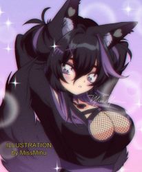 Rule 34 | 1990s (style), 1girl, animal ears, arms behind head, black hair, breasts, cleavage, commission, fishnet fabric, fishnets, fox ears, fox girl, fox tail, goth fashion, indie virtual youtuber, kuroina (osiimi), large breasts, miss minu, purple theme, retro artstyle, signature, tail, teeth, virtual youtuber