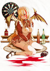 Rule 34 | 1girl, absurdres, apron, bat wings, between legs, bite mark, black choker, black footwear, blonde hair, blood, blush, bottle, breasts, capitan wei, carpet, choker, dartboard, demon girl, dress, ear blush, embarrassed, garter straps, hair between eyes, hand between legs, highres, large breasts, long hair, looking away, maid, maid apron, maid headdress, mary janes, microdress, on floor, original, pointy ears, red eyes, shoes, sitting, skindentation, slit pupils, solo, spill, talons, thighhighs, v arms, vampire, very long hair, wariza, white background, white thighhighs, wine bottle, wings