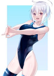 Rule 34 | 1girl, ahoge, blue one-piece swimsuit, blue thighhighs, breasts, commentary request, contrapposto, cowboy shot, highleg, highleg swimsuit, kawaruhi, large breasts, looking at viewer, one-piece swimsuit, open mouth, original, outside border, purple eyes, short hair, smile, solo, standing, stretching, swimsuit, thighhighs, white hair