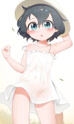 Rule 34 | 1girl, absurdres, aqua eyes, arm behind head, arm up, black hair, blush, chis (js60216), collarbone, covered navel, dress, foot up, grass, groin, hand up, helmet, highres, kaban (kemono friends), kemono friends, looking at viewer, no panties, open mouth, pith helmet, see-through, see-through dress, short hair, solo, strap slip, strapless, strapless dress, sundress, wavy hair, white background, white dress