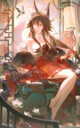 1girl absurdres animal_ears bare_legs bare_shoulders beads bird black_footwear breasts brown_hair chinese_clothes chinese_paper-cut closed_mouth dress flower fox_ears fugue_(honkai:_star_rail) fugue_(jiaduobao)_(honkai:_star_rail) full_body fur_trim gjygyao green_eyes hair_between_eyes hair_ornament high_heels highres holding honkai:_star_rail honkai_(series) indoors jewelry lantern lattice long_hair looking_at_viewer necklace official_alternate_costume official_alternate_hairstyle pearl_necklace red_dress scissors sitting smile solo strapless strapless_dress swallow_(bird) tingyun_(honkai:_star_rail) very_long_hair weibo_logo weibo_username weibo_watermark