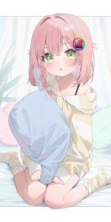 Rule 34 | 1girl, :o, blush, braid, collarbone, green eyes, hair between eyes, hair ornament, highres, hugging object, indie virtual youtuber, long sleeves, looking at viewer, no shoes, nufucha (vtuber), off shoulder, parted lips, pillow, pillow hug, pink hair, plant, single braid, sitting, sleeves past wrists, socks, solo, striped clothes, striped socks, striped sweater, sweater, tofu1601, wariza, white socks