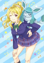 Rule 34 | 00s, 10s, 1girl, ;), ayase eli, bad id, bad pixiv id, blazer, blonde hair, blue eyes, bow, bowtie, breasts, creature, creature on shoulder, creatures (company), crossover, diagonal stripes, game freak, gen 4 pokemon, glaceon, green bow, green bowtie, hand on own knee, jacket, large breasts, long hair, long sleeves, looking at viewer, love live!, love live! school idol project, miloku, musical note, nintendo, on shoulder, one eye closed, pokemon, pokemon (creature), pokemon dppt, ponytail, school uniform, scrunchie, smile, striped background, striped bow, striped bowtie, striped clothes, striped neckwear