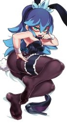 Rule 34 | 1girl, animal ears, aqua eyes, armpits, bare shoulders, black bow, black bowtie, black leotard, blue hair, blush, bow, bowtie, breasts, detached collar, fake animal ears, feet, fubukihime, gashi-gashi, glasses, hair between eyes, high heels, highres, leotard, long hair, looking at viewer, lying, medium breasts, multicolored hair, on side, open mouth, pantyhose, playboy bunny, rabbit ears, rabbit girl, rabbit tail, red-framed eyewear, shoes, unworn shoes, sideboob, simple background, soles, solo, strapless, tail, toes, traditional youkai, two-tone hair, white background, youkai watch
