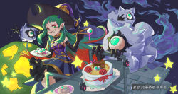 1girl absurdres bare_shoulders black_bow black_gloves bow breasts cake chopsticks cleavage dress earrings elbow_gloves eyeball flower flying food ghost gloves green_eyes green_hair happy_birthday hat highres holding holding_chopsticks holding_plate horns jewelry long_hair mc-sm multicolored_hair one-eyed original parted_lips pasta pink_bow plate pointy_ears purple_headwear red_bow red_flower red_hair red_rose rose smile spaghetti star_(symbol) teeth witch witch_hat