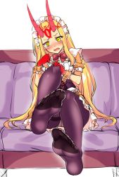 Rule 34 | 1girl, alternate costume, blonde hair, bow, bowtie, commentary request, corset, cuffs, enmaided, facial mark, fate/grand order, fate (series), feet, gloves, horns, ibaraki douji (fate), maid, maid headdress, oni, oni horns, pantyhose, pointy ears, red bow, red bowtie, red gloves, shirokuma a, sitting, solo, tattoo, thighs