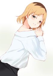 Rule 34 | 1girl, bare shoulders, blonde hair, blush, commentary request, green eyes, long sleeves, miyamori aoi, multicolored hair, parted lips, roots (hair), shirobako, shirt, short hair, smile, solo, tahita1874, upper body, white shirt