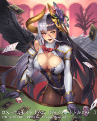 Rule 34 | 1girl, :d, belt, black gloves, black hair, black wings, bow, bowtie, breasts, brown pantyhose, card, cleavage, copyright name, cuboon, demon horns, flower, gloves, hair flower, hair ornament, heterochromia, horns, indoors, large breasts, leaning forward, long hair, long sleeves, lost crusade, multicolored hair, official art, open mouth, pantyhose, plant, playing card, poker chip, potted plant, red eyes, red neckwear, smile, table, two-tone hair, very long hair, watermark, white hair, white wing, wings, yellow eyes, zipper