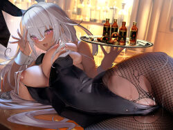 Rule 34 | 1girl, :d, absurdres, alcohol, animal ears, black leotard, black necktie, blurry, blurry background, blush, breasts, depth of field, fake animal ears, fishnet pantyhose, fishnets, hair between eyes, highres, holding, holding tray, huge nipples, indoors, kaede (sayappa), large breasts, leotard, leotard pull, long hair, looking at viewer, lying, necktie, no bra, no panties, on side, open mouth, original, pantyhose, pink eyes, playboy bunny, pussy juice, rabbit ears, saliva, saliva trail, sidelocks, skindentation, smile, solo, sparkle, strap pull, sweat, tan, teeth, torn clothes, torn pantyhose, tray, upper teeth only, very long hair, white hair, wide hips, wrist cuffs