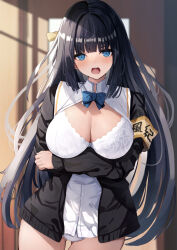 Rule 34 | 1girl, :o, armband, black hair, blue bow, blue bowtie, blue eyes, blurry, blurry background, blush, bow, bowtie, bra, breasts, cleavage, collared shirt, commentary request, cowboy shot, hair ornament, highres, large breasts, liya, long sleeves, looking at viewer, no pants, open mouth, original, panties, shirt, textless version, thigh gap, underwear, white bra, white panties
