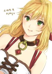 Rule 34 | 1girl, artist name, blonde hair, choker, closed mouth, collar, dated, fiora (xenoblade), green eyes, hair ornament, long hair, looking at viewer, simple background, smile, solo, white background, xenoblade chronicles (series), xenoblade chronicles 1, yamamori kinako