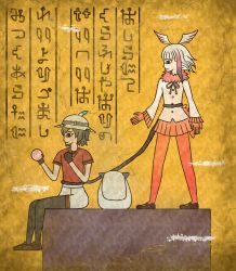 Rule 34 | 10s, 2girls, 7kita, backpack, bag, black eyes, black footwear, black gloves, black hair, black legwear, brown footwear, bucket hat, clenched hand, closed eyes, closed mouth, commentary request, crack, egyptian art, faux text, food, frilled sleeves, frills, from side, full body, fur collar, gloves, hat, hat feather, head wings, hieroglyphics, highres, holding, holding food, japanese crested ibis (kemono friends), japari bun, japari symbol, kaban (kemono friends), kemono friends, kita (7kita), long hair, long sleeves, lucky beast (kemono friends), mary janes, multiple girls, orange skirt, pantyhose, pleated skirt, profile, red gloves, red hair, red legwear, red shirt, rope, rope around waist, shirt, shoes, short hair, short sleeves, sitting, skirt, spread legs, standing, tail, two side up, white footwear, white hair, white shirt, wings, yellow background