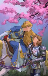 Rule 34 | 1boy, 1girl, absurdres, armor, blonde hair, blue dress, branch, brown hair, cherry blossoms, closed mouth, couple, dress, eye contact, fine art parody, half-closed eyes, hetero, highres, horse, knight, link, long hair, looking at another, looking up, malin falch, master sword, neck, nintendo, outdoors, parody, parted lips, petals, pointy ears, princess, princess zelda, riding, saddle, short hair, smile, soldier&#039;s set (zelda), straight hair, sword, sword behind back, the legend of zelda, the legend of zelda: breath of the wild, triforce, weapon, white horse