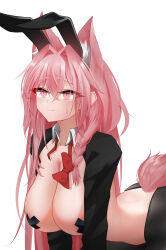 Rule 34 | 1girl, absurdres, alternate costume, animal ear fluff, animal ears, arknights, bent over, black pantyhose, bow, bowtie, braid, breasts, cleavage, commentary, crossed bangs, detached collar, epitaph (ryaf8834), eyes visible through hair, fake animal ears, hair between eyes, hair intakes, highres, large breasts, leotard, long hair, long sleeves, looking up, meme attire, open collar, paid reward available, pantyhose, pink eyes, pink hair, pink tail, playboy bunny, pozyomka (arknights), rabbit ears, red bow, red bowtie, reverse bunnysuit, reverse outfit, shrug (clothing), simple background, solo, sweatdrop, tail, traditional bowtie, undone bowtie, white background