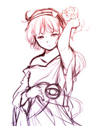Rule 34 | 1girl, arm up, armpit peek, closed mouth, expressionless, flat chest, flower, hair ornament, hairband, heart, heart hair ornament, komeiji satori, leaf, looking at viewer, messy hair, monochrome, off shoulder, rangycrow, rose, short hair, simple background, single bare shoulder, sketch, solo, third eye, touhou, upper body, white background