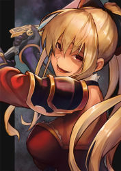 Rule 34 | 1girl, armpits, blonde hair, bow, breasts, cleavage, crazy eyes, granblue fantasy, granblue fantasy versus, grey background, hair bow, hinoru saikusa, holding, holding weapon, horns, large breasts, long hair, looking at viewer, parted lips, red bow, red eyes, shaded face, sideboob, solo, sword, upper body, vira (granblue fantasy), weapon