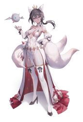 Rule 34 | 1girl, animal ears, bare shoulders, black footwear, black hair, black ribbon, breasts, breasts apart, choker, closed mouth, covered navel, crown, demon, detached sleeves, dress, fox ears, full body, gem, gold trim, hair between eyes, hand on own hip, high heels, highres, kitsune, korean commentary, legs apart, long dress, long hair, looking at viewer, mini crown, multiple tails, ponytail, puffy sleeves, ribbon, seven knights, simple background, small breasts, smile, tail, thighhighs, v-shaped eyebrows, white background, white sleeves, white thighhighs, whois