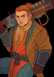 Rule 34 | 1boy, absurdres, beard stubble, black background, bow (weapon), brown eyes, carrying over shoulder, chest hair, colinarcartperson, cowboy shot, crossbow, dragon age, dragon age: inquisition, dragon age 2, dwarf, earrings, facial hair, highres, jewelry, male focus, mature male, medium hair, necklace, orange hair, pectoral cleavage, pectorals, short ponytail, solo, stubble, varric tethras, weapon