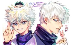 Rule 34 | 2boys, alternate hairstyle, bello (kurobina bellon), blue eyes, bright pupils, collar, commentary request, copyright name, crossed fingers, crossover, english text, gojou satoru, gon freecss, gradient hair, hunter x hunter, jujutsu kaisen, killua zoldyck, korean commentary, look-alike, looking at viewer, male focus, messy hair, multicolored hair, multiple boys, short hair, simple background, smile, spiked hair, upper body, white hair