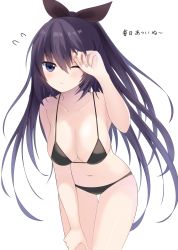 Rule 34 | 1girl, ;/, bikini, black bikini, blush, breasts, cleavage, date a live, hair between eyes, hair ribbon, hand on own thigh, hand up, highres, large breasts, leaning forward, long hair, navel, purple eyes, purple hair, ribbon, shiratoriko, simple background, solo, swimsuit, thigh gap, thighs, translation request, very long hair, white background, yatogami tooka