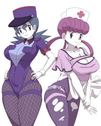 2girls alternate_costume blue_eyes breasts cleavage closed_mouth collarbone collared_bodysuit creatures_(company) fishnet_pantyhose fishnets game_freak hat highleg highleg_leotard highres jenny_(pokemon) joy_(pokemon) large_breasts leotard looking_at_viewer medium_hair multiple_girls nintendo nurse nurse_cap pantyhose pokemon pokemon_(anime) pokemon_(classic_anime) police police_uniform policewoman red_eyes smile torn_clothes torn_pantyhose wrist_cuffs zuchysdraws