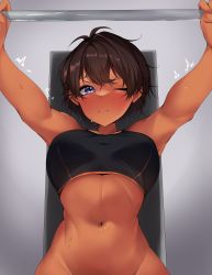 Rule 34 | 1girl, absurdres, arms up, black sports bra, blue eyes, blush, breasts, brown hair, closed mouth, commission, dark-skinned female, dark skin, girls und panzer, highres, kshimu, large breasts, looking at viewer, navel, one eye closed, pixiv commission, short hair, solo, sports bra, suzuki (girls und panzer), sweat