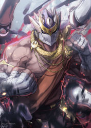Rule 34 | 1boy, armlet, bandaged hand, bandages, bara, bare pectorals, bare shoulders, cowboy shot, dai-xt, dark-skinned male, dark skin, ear piercing, energy, extra arms, fighting stance, grey background, helmet, highres, jewelry, large pectorals, looking at viewer, male focus, monk, muscular, muscular male, necklace, pectorals, piercing, red eyes, revision, sash, shiva (housamo), shoulder sash, signature, solo, tokyo houkago summoners, veins