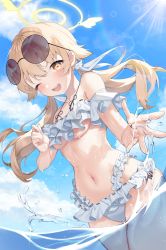 Rule 34 | 1girl, ;d, absurdres, bikini, blonde hair, blue archive, blue sky, blush, breasts, cloud, cowboy shot, day, eyewear on head, frilled bikini, frills, halo, hifumi (blue archive), hifumi (swimsuit) (blue archive), highres, long hair, looking at viewer, medium breasts, minojko112, navel, off-shoulder bikini, off shoulder, one eye closed, open mouth, outdoors, round teeth, sky, smile, solo, standing, stomach, sunglasses, swimsuit, teeth, twintails, underboob, upper teeth only, wading, water, wet, white bikini, yellow eyes