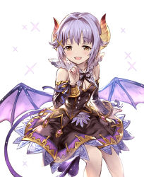 Rule 34 | 10s, 1girl, 77gl, :d, bad id, bad pixiv id, breasts, brown eyes, collar, demon girl, demon horns, demon tail, demon wings, detached sleeves, granblue fantasy, horns, idolmaster, idolmaster cinderella girls, koshimizu sachiko, open mouth, purple hair, short hair, small breasts, smile, solo, tail, white background, wings