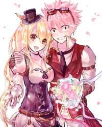 Rule 34 | 1boy, 1girl, bad id, bad pixiv id, black eyes, black gloves, black necktie, blonde hair, bouquet, breasts, brown eyes, cherry blossoms, cleavage, eyewear on head, fairy tail, fingerless gloves, flower, gloves, hat, highres, holding, holding bouquet, lium, long hair, lucy heartfilia, medium breasts, mini hat, natsu dragneel, necktie, open mouth, pink hair, ribbon, ribbon-trimmed clothes, ribbon trim, short hair, simple background, spiked hair, white background, white gloves