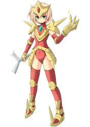Rule 34 | 1girl, ace killer, armor, blush, boots, breasts, brown hair, claws, cross (crossryou), elbow pads, gloves, gold armor, gold footwear, gold gloves, green eyes, headpiece, knee pads, leotard, looking at viewer, monster girl, personification, red footwear, red gloves, red leotard, sai (weapon), short hair, shoulder pads, small breasts, sparkle, standing, thigh boots, thighhighs, ultra series, ultraman ace (series), weapon, white background