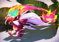 Rule 34 | 1girl, bamboo, bamboo forest, bow, commentary request, eye trail, fire, forest, fujiwara no mokou, full body, hair bow, incoming kick, jumping, light trail, long hair, nature, outdoors, pants, red bow, red eyes, red pants, shirt, short sleeves, solo, tomo (touajukou), touhou, white bow, white hair, white shirt, wrist cuffs