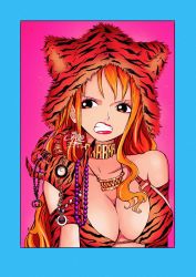 Rule 34 | 1girl, animal hat, animal print, aqua border, armband, bare shoulders, bikini, bikini top only, blue border, border, bracelet, breasts, brown eyes, chain, choker, cleavage, dated, female focus, gloves, gold chain, gold trim, hat, highres, jewelry, large breasts, long hair, nami (one piece), necklace, one piece, orange hair, orange hat, portrait, print bikini, purple background, ring, sherumaru (korcht06), simple background, solo, striped bikini, striped clothes, swimsuit, tiger hat, tiger print, tiger stripe bikini, tiger stripes, watch