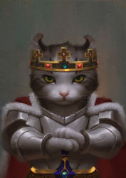 Rule 34 | animal, animal focus, armor, breastplate, cape, cat, cjh123456, closed mouth, clothed animal, commentary request, crown, fur-trimmed cape, fur trim, gem, green eyes, grey background, highres, looking at viewer, no humans, original, red cape, sword, upper body, vambraces, weapon, whiskers