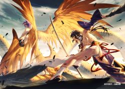 Rule 34 | 2boys, abs, arsh (thestarwish), ass, bare pectorals, bulge, dust, fate/grand order, fate (series), feathered wings, fighting stance, foreshortening, from behind, fundoshi, genderswap, genderswap (ftm), giant, giant male, gorgon (fate), hat, japanese clothes, lamia boy, long tail, looking to the side, male focus, medusa (fate), medusa (rider) (fate), monster boy, multiple boys, muscular, muscular male, nipples, pectorals, pelvic curtain, purple hair, reptile boy, revealing clothes, rider, scales, short hair, sidelocks, sky, snake boy, snake tail, spread wings, tail, tate eboshi, thighs, toned, toned male, ushiwakamaru (fate), wind, wings