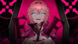 Rule 34 | 1girl, black choker, blue eyes, choker, commentary request, eye (vocaloid), fingernails, head wings, heart, heart-shaped pupils, highres, hololive, holox, looking at viewer, nail polish, official art, open mouth, own hands clasped, own hands together, pink hair, saki masaki, second-party source, smile, solo, song name, symbol-shaped pupils, takane lui, takane lui (1st costume), virtual youtuber, vocaloid, wing collar, wings